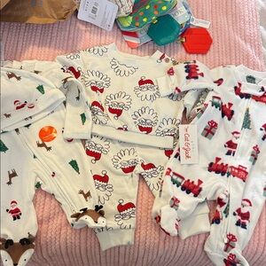 Newborn Christmas pjs outfits set warm cozy Santa trees presents trains new! 3